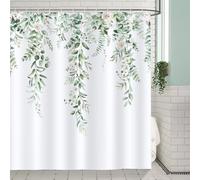 Bonhause Rideau de Douche Feuille D'Eucalyptus Vert Plante Fleur Rideau de Bain Tissu Polyester Anti Moisissure Imperméable Lavable Rideaux Salle de Bain 180 x 180 cm avec 12 Crochets pour Baignoire