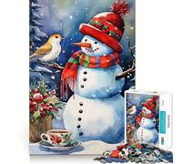 Bonhomme de Neige Aquarelle avec Oiseau et thé,Puzzle de 1000 pièces pour Adolescents,Jeu Stimulant Le Cerveau,emboîtement précis sans espaces,activité relaxante en Groupe à l'intérieur (38x26cm)