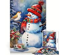 Bonhomme de Neige Aquarelle avec Oiseau et thé, Puzzle de 1000 pièces pour Adolescents, Sharp Recall, Serene Escape, Uniform Cut, Perfect Xmas (38x52cm)