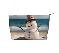Bonhomme de neige avec coquillages assis sur la plage de sable en velours côtelé sac de maquillage sac organisateur sac cosmétique grande pochette large ouverture, Noir , Taille unique