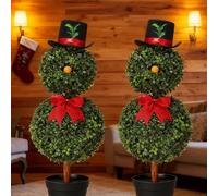 Bonhomme de neige de Noël, pot d'arbre topiaire artificiel en forme de bonhomme de neige avec nœud rouge, plante verdure artificielle résistante aux UV, topiaires en buis pour décoration de porche