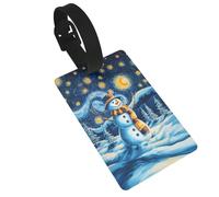 Bonhomme de neige d'hiver portant une écharpe, un chapeau, une étiquette de bagage, un nom, une valise, idéal pour les sacs à dos de voyage et de croisière