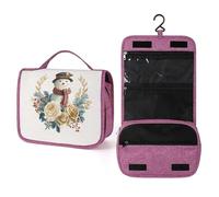 Bonhomme de neige Golden Roses Holly Berries Trousse de toilette de voyage pour femme, organisateur de maquillage à suspendre avec crochet pour shampooing