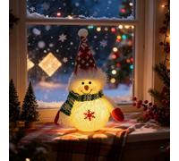 Bonhomme de neige lumineux à LED - Décoration de Noël - Figurines lumineuses - Lampe bonhomme de neige - 21 cm - Peluche blanche avec écharpe tricotée et chapeau haut de forme (Blanc-1)