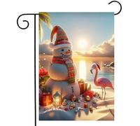 Bonhomme De Neige Mignon En Sable, Flamant Rose, Coucher De Soleil Tropical De Noël En Hiver Drapeau Solide Drapeaux Décoratif Bannière Pour Fête Vacances Maison 30X45Cm