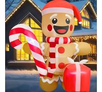 Bonhomme en pain d'épices gonflable de Noël 2025 de 1,8 m tenant de la canne à sucre d'orge, décoration gonflable en pain d'épices avec LED intégrées pour fête, Noël, cour, jardin, pelouse