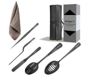 Bonigour Ensemble d'ustensiles de cuisine pour placage, 6 pièces, kit professionnel d'outils de placage, ustensiles de cuisine, spatule, pince à épiler de cuisine moderniste et art alimentaire, noir