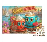 Bonjour café Difficile 1000 pièces Puzzle pour Adultes Tasses de café Mignonnes Salutation Bonjour Premium Robuste Haute qualité Vibrant Stimulant soulagement du Stress 52x38cm/1000pcs