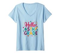 Bonjour, célébration du Premier Jour d'école pour Les Filles de 5e année T-Shirt avec Col en V, Femme, Bleu Céleste, S