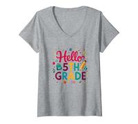 Bonjour, célébration du Premier Jour d'école pour Les Filles de 5e année T-Shirt avec Col en V, Femme, Gris Chiné, L