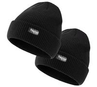 Bonjour - Lot de 2 bonnets classiques à revers - Bonnet d'hiver chaud à isolation thermique pour homme et femme - Bonnet classique en tricot souple et extensible, noir noir, Taille unique