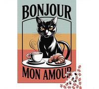 Bonjour Mon Amour Black Cat Coffee Puzzle 1000 Pièces pour Amis, 52x38cm/1000pcs