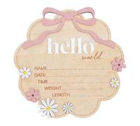 Bonjour Monde ! Panneau d'affichage de naissance en bois avec nœud rose et support, en forme de nuage, motif floral, pour nouveau-né, date, heure, poids et longueur (rose)