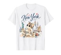 Bonjour New York Élégant Chat NYC Skyline Joli Souvenir de Voyage T-Shirt Graphique avec Valeur, Homme, Blanc, XL
