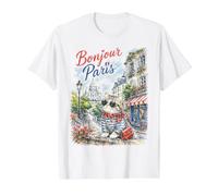 Bonjour Paris Chat Mode Scène Mignon Vacances Amour Souvenir T-Shirt Graphique avec Valeur, Homme, Blanc, M