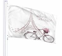 Bonjour Paris Drapeau Décor 0,9 x 1,5 m Tour Eiffel Vélo Romantique Rose Fleurs Papillon Polyester Imprimé Motif Décoration d'extérieur pour Maisons et Jardins