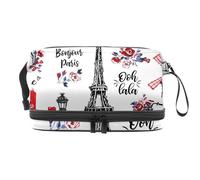 Bonjour Paris France Culture Trousse Cosmétique Double Couche pour Femmes et Filles Voyage Trousse de Toilette Maquillage Pratique Pochette Organisateur Sac avec Compartiment Brosse, multicolore,