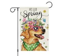 Bonjour Printemps ! Chien Golden Retriever Avec Couronne De Fleurs Et Papillon Drapeau De Cour 30X45Cm Bannières Éclatantes Décoratif Bannière Cour Pour Intérieure Fêtes Porte