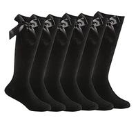 Bonjour Retour à l'école Six paires de chaussettes hautes à nœud pour filles, chaussettes longues en coton nœud papillon (noir, 6-9 ans)