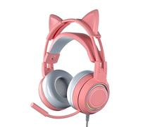 BONKZEBU Écouteurs Filaires avec Oreilles de Chat, Oreilles Amovibles, Réduction Efficace du Bruit, Micro pour Filles, Casque de Jeu ABS (Rose)