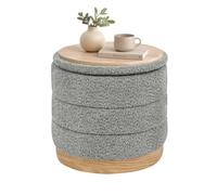 Bonlife Pouf avec espace de rangement et plateau de table, rond, pliable, pour salon, chambre à coucher, couloir, chenille, socle en cuir synthétique grain de bois, gris, 39 x 39 x 37 cm
