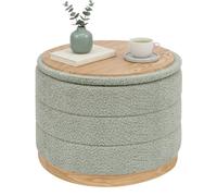 Bonlife Pouf avec espace de rangement et plateau de table, rond, pliable, pour salon, chambre à coucher, couloir, chenille, socle en cuir synthétique grain de bois, vert, 58 x 58 x 44 cm