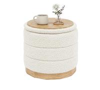 Bonlife Pouf avec Espace de Rangement et Plateau de Table, Rond, Pliable, pour Salon, Chambre à Coucher, Couloir, Chenille, Socle en Cuir synthétique Grain de Bois, crème, 39 x 39 x 37 cm