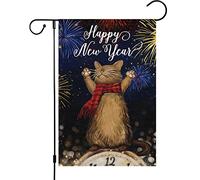 Bonne Année ! Fête Des Chats, Feux D'Artifice, Horloge, Réveillon De Bienvenue Bannière Couleurs Vives Drapeaux Solide Garden Flag Pour Célébrations Bar Mur 30X45Cm