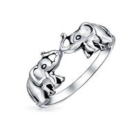 Bonne Chance Trunk Up Zoo Animal Deux Éléphants Bague Pour Femmes Pour Adolescente Argent Sterling Oxydé .925