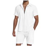 Bonnes Affaires de la journée Ensemble Chemise et Short à en Lin Respirant pour Hommes, Couleur Unie, été Veste Costume Homme Noir Vente déstockage