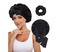 Bonnet 100 % soie de mûrier pour femme - Bonnet de nuit pour dormir avec chouchou élastique - Noir