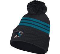 Bonnet à pompon NHL, logos brodés des équipes de la ligue NHL, 3 bandes, logo des San Jose Sharks, noir et bleu)..