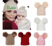Bonnet À Pompon Personnalisé Avec Nom, Bonnet Chaud En Laine Pour Bébé, Bonnet À Pompon Tricoté Pour Enfant Avec 2 Pompons En Fausse Fourrure Et Doublure En Laine,bonnet À Pompon Pour Parent Et Enfant