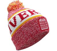 Bonnet à pompon style Liverpool rouge, blanc, jaune chiné | Taille adulte | Patch tissé
