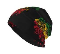 Bonnet à tête de lion sur le thème rasta avec motif de fleur de mandala noir et rouge, bonnet en tricot, bonnet ample, couvre-chef de chimio pour femmes et hommes, bonnet tricoté chaud, bonnet tête de