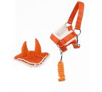 Bonnet Anti-Insectes Orange et Licol moumoute Orange avec Longe pour Hobby Horse et activité de Hobby Horsing.