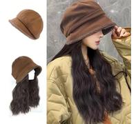 Bonnet avec extensions de cheveux, chapeau avec polaire, coiffure longue bouclée et ondulée, perruque, chapeau, postiche synthétique de 16 pouces pour femmes naturelles(Black)