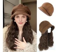 Bonnet avec extensions de cheveux, chapeau avec polaire, coiffure longue bouclée et ondulée, perruque, chapeau, postiche synthétique de 16 pouces pour femmes naturelles(Brown)