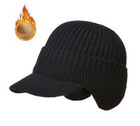 Bonnet Bâton de Baseball Homme Tricoté Doublé Polaire - Visière Courte, Cache-Oreilles Longs, Hiver/Plein Air - Noir M