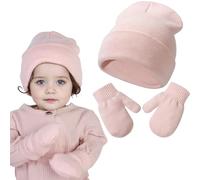 Bonnet Bebe Bonnet Hiver Bebe Ensemble de Gants pour Enfants Chapeau d'hiver pour Tout Petits Chapeau Tricoté Gants Chauds Convient aux Bébés Mâles et Femelles pour Garder au Chaud (Rose)