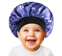 Bonnet bébé en satin de soie doux pour filles et garçons, bonnet de nuit double épaisseur avec large bande élastique, bonnet de nuit ajustable pour tout-petits, cheveux naturels et bouclés (Bleu)