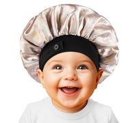 Bonnet bébé en satin de soie doux pour filles et garçons, bonnet de nuit double épaisseur avec large bande élastique, bonnet de nuit ajustable pour tout-petits, cheveux naturels et bouclés (rose)