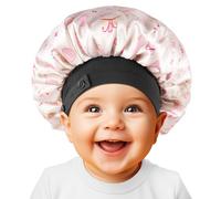 Bonnet bébé en satin de soie doux pour filles et garçons, bonnet de nuit double épaisseur avec large bande élastique, bonnet de nuit ajustable pour tout-petits, cheveux naturels et bouclés (Beige)