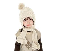 Bonnet Bébé Enfant Hiver Bonnet Casquette et Écharpe Tricoté 2-en-1 Bonnet et Tour de Cou Mignon Cagoule en Tricot Cache-Cou Bonnet Cache-Oreilles Chaud avec Pompon pour 2-10 Ans, 48-55cm, Beige
