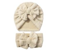 Bonnet Bebe Fille - Bonnet d'hiver Douillet Et Bandeau À Nœud pour Bébé Nouveau-Nés Et Les Tout-Petits Bonnet Doublé Doux Et Chaud avec Un Joli Nœud Ensemble 2 Pièces pour Bébé (Beige 0-36 Months)