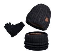 Bonnet Cache Col Gants Trois Pièces en Polaire Épaisse Bonnet Péruvien Tricoté avec Protection Oreilles Renforcée pour Homme Femme pour Sports Hiver et Loisirs(Black, One Size)
