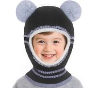 Bonnet Cagoule Chaud d'hiver pour Enfant, Bonnet Echarpe Hiver Chaud Cache Oreilles Chapeaux Tricoté Capuche Doux avec Double Pompon pour Childs Filles Garçon 2-5 Ans (FR/ES, Âge, Taille unique, Noir)