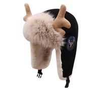 Bonnet Chapka Femme Homme en Fausse Fourrure avec Cornes de Cerf Mignon et Rabat d'oreille à Badge, Bonnets de Trappeur Hiver Chaud en Polaire Cachemire Pilou Pilou pour Ski, Randonnée, Chasse, Noel