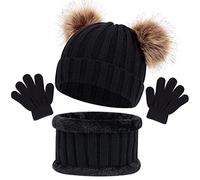 Bonnet Chaud écharpe Gants Ensemble D'Enfant Trois Pièces, Enfant Hiver Tricoté Tour de Cou Chaud Bébé Gants Bonnet, Hiver Accessoires Ensemble Set de 3 Pièces, pour Fille Garçon 1-6 Ans (Noir)