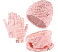 Bonnet Chaud écharpe Gants Ensemble D'hiver Trois 3 Pièces, Enfant Hiver Tricoté Tour de Cou Chaud Gants Tactiles Bonnet, Hiver Accessoires Set 3 pour Fille Garçon 5-12 Ans (Mélange Rose)